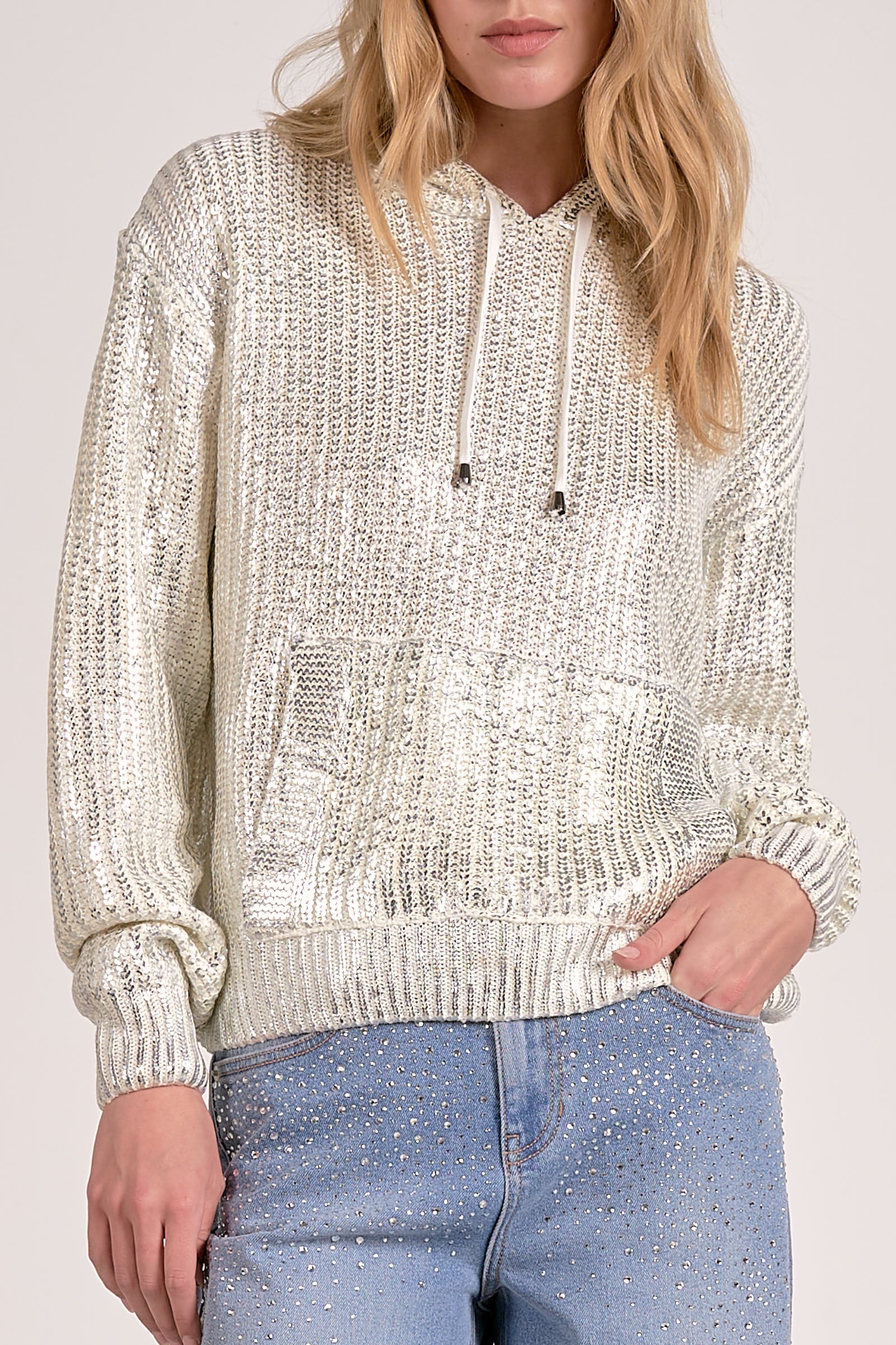 Elan Metallic Threaded Hoodie in White - Image 1