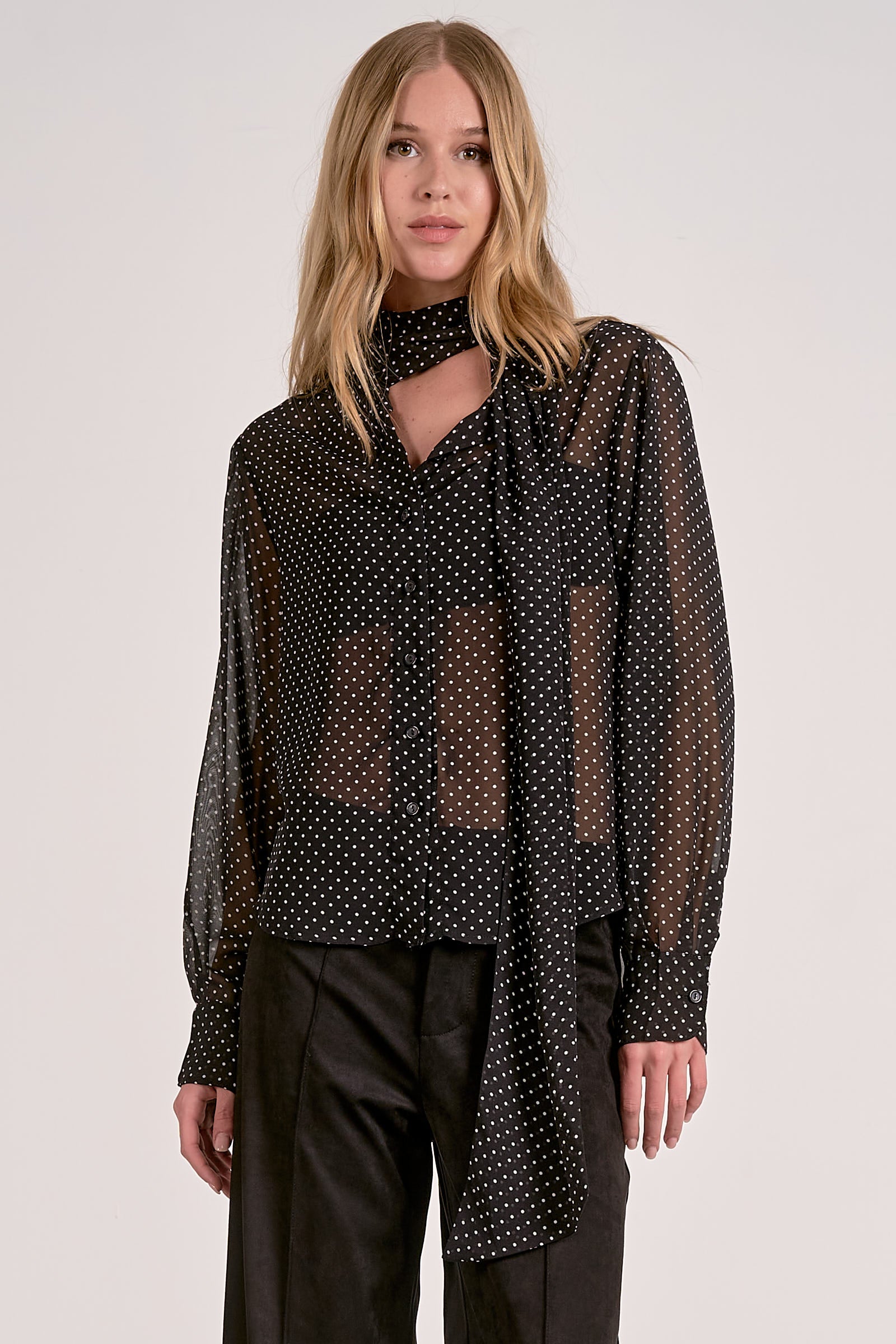 Elan Polka Dot Neck Tie Blouse - Image 1