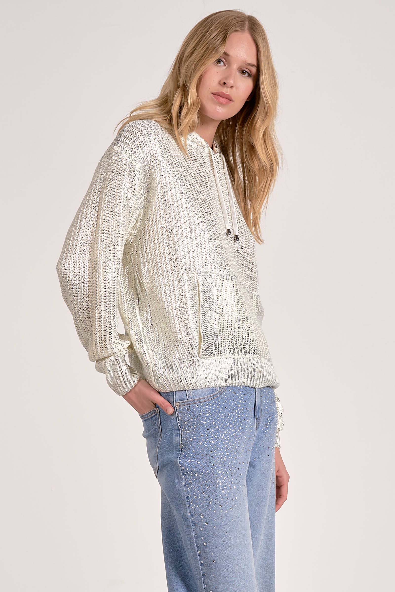 Elan Metallic Threaded Hoodie in White - Image 3