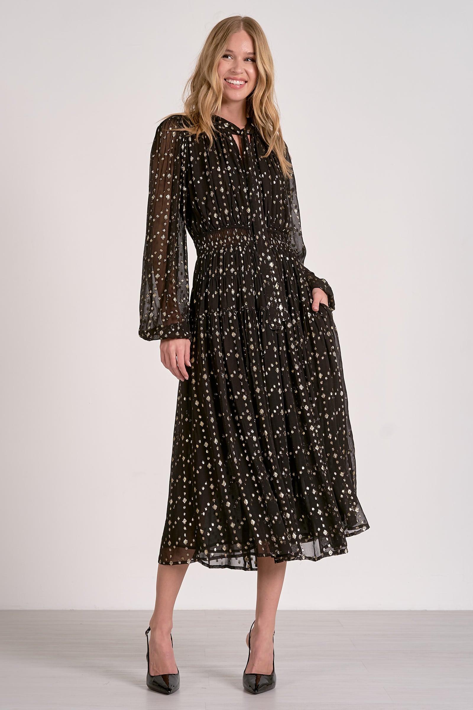 Elan Long Sleeve Maxi Dress with Tie Neck - Image 2