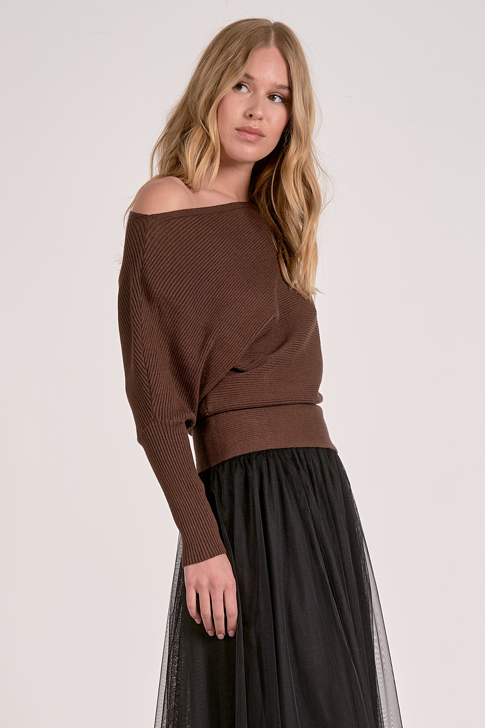 Elan Off-the Shoulder Sweater in Dark Chocolate - Image 5