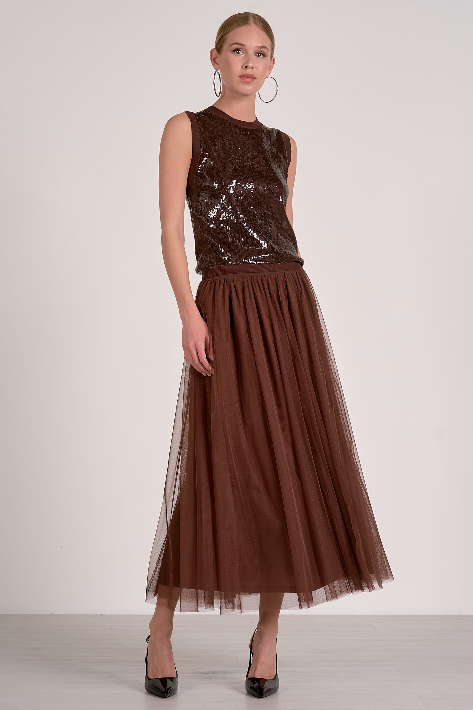 Elan Tulle Midi Skirt in Chocolate - Image 5
