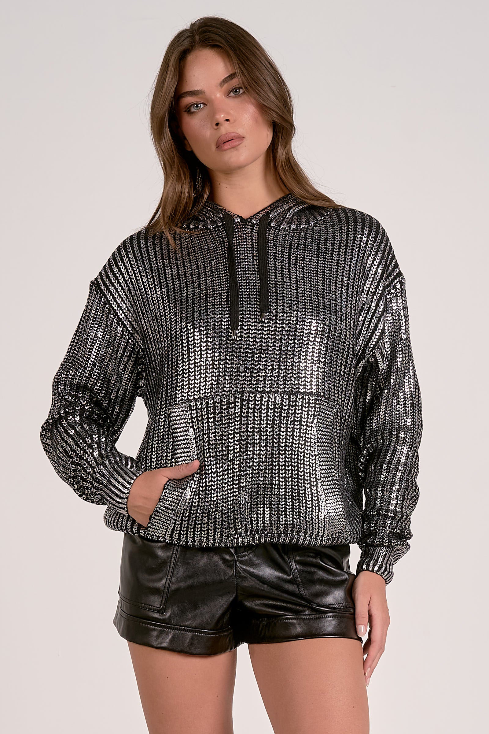 Elan Metallic Threaded Hoodie in Silver - Image 1