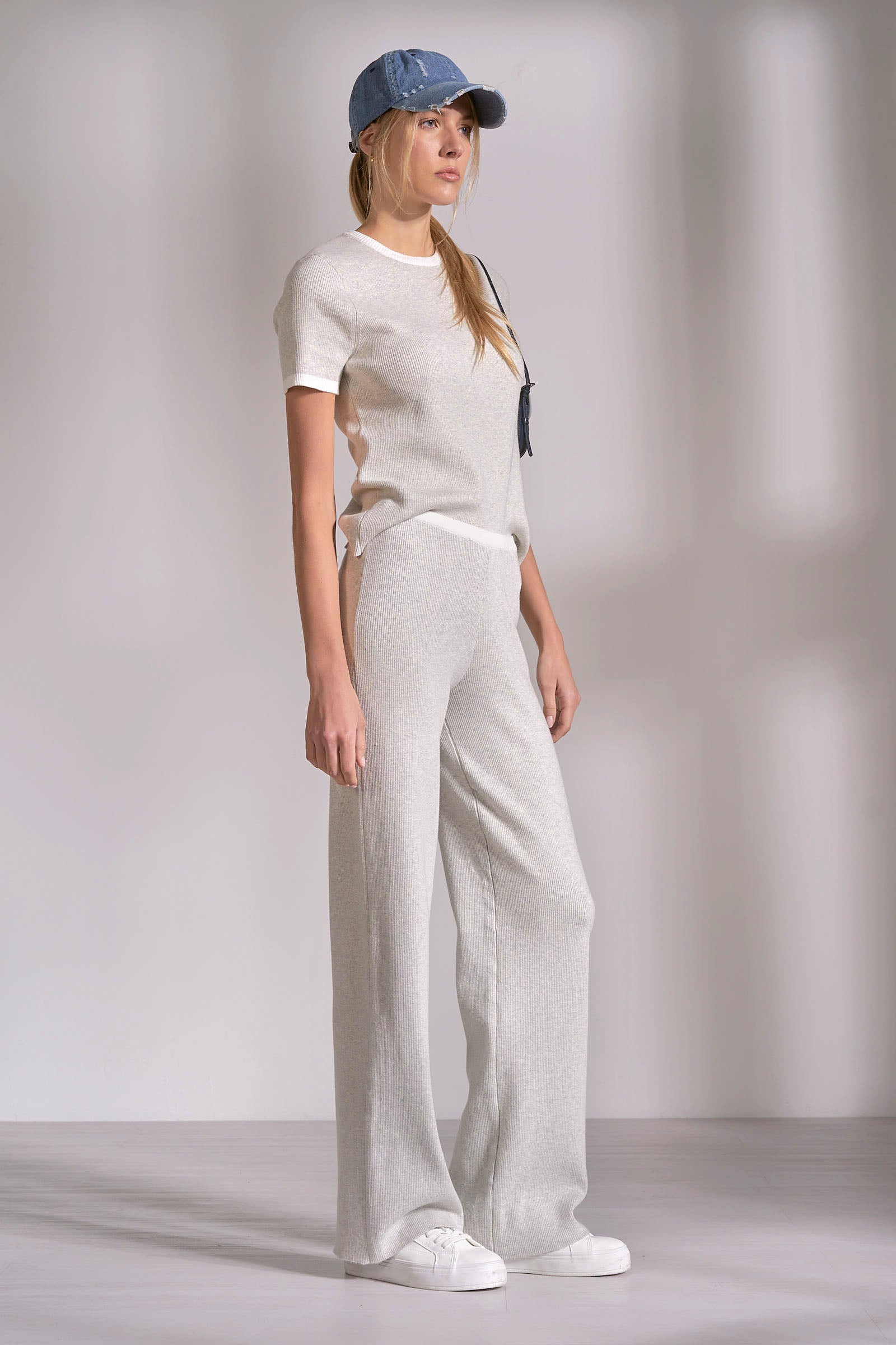 Elan Contrast Trim Short Sleeve Top in Grey White - Image 3