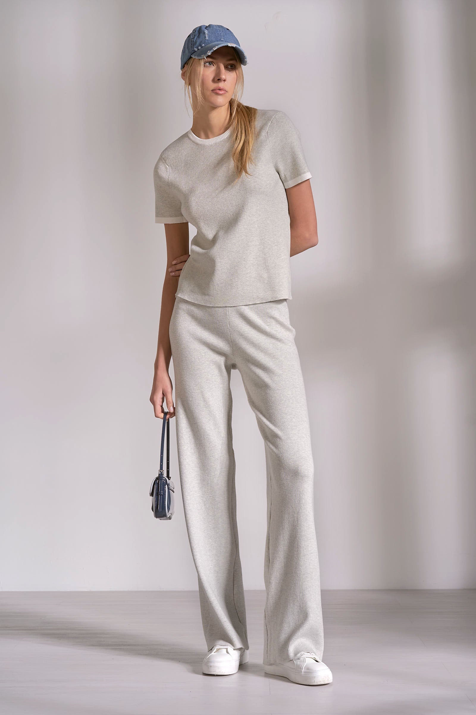 Elan Ribbed Knit Lounge Pants in Grey White - Image 4
