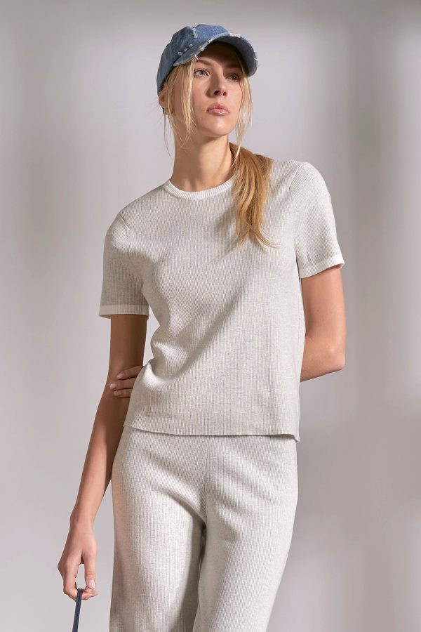Elan Contrast Trim Short Sleeve Top in Grey White - Image 2