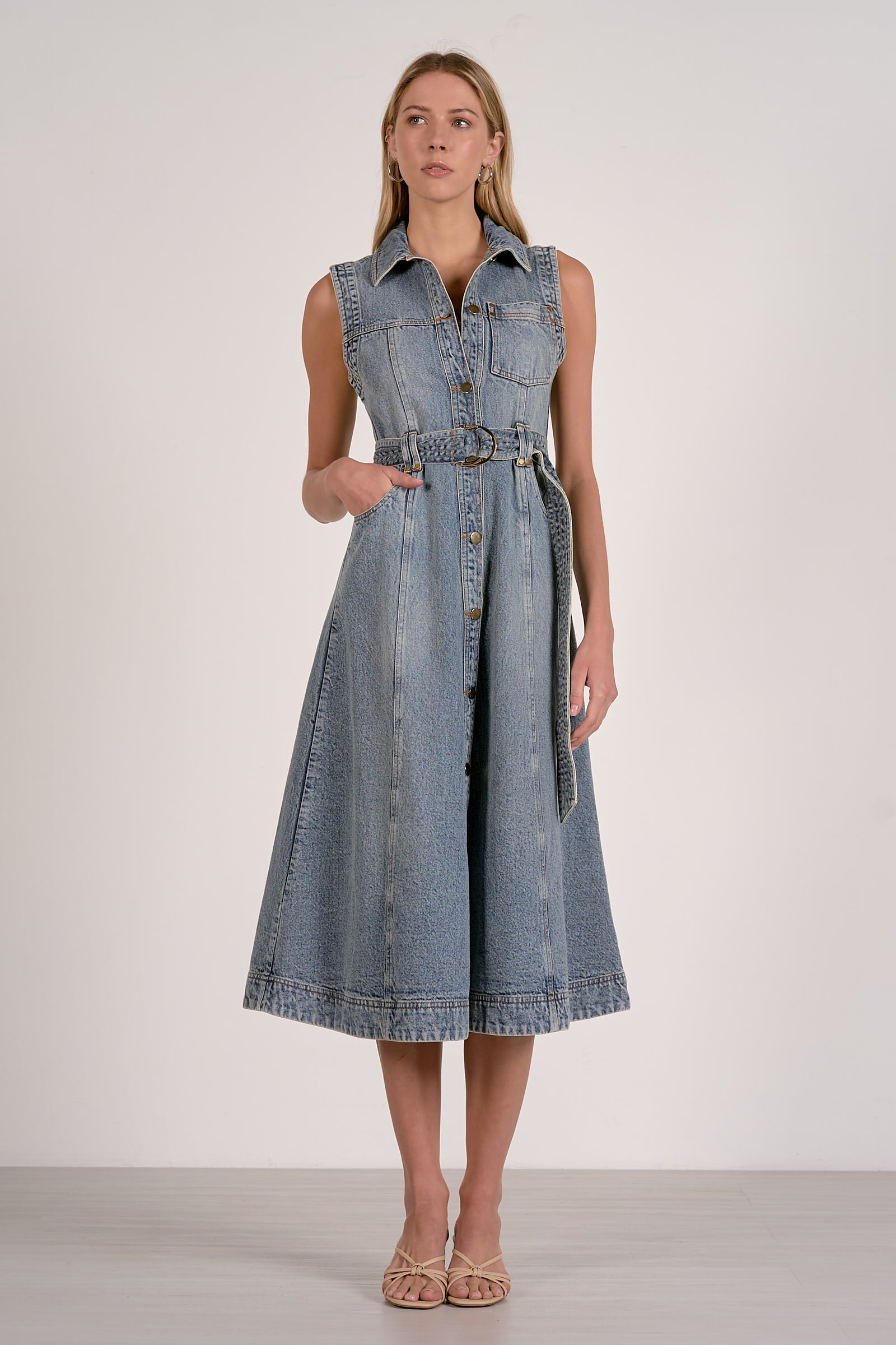 Elan Sleeveless Button-Down Denim Midi Dress - Image 1