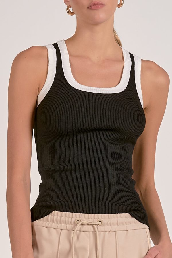 Elan Contrast Trim Tank Top in Black and White - Image 2