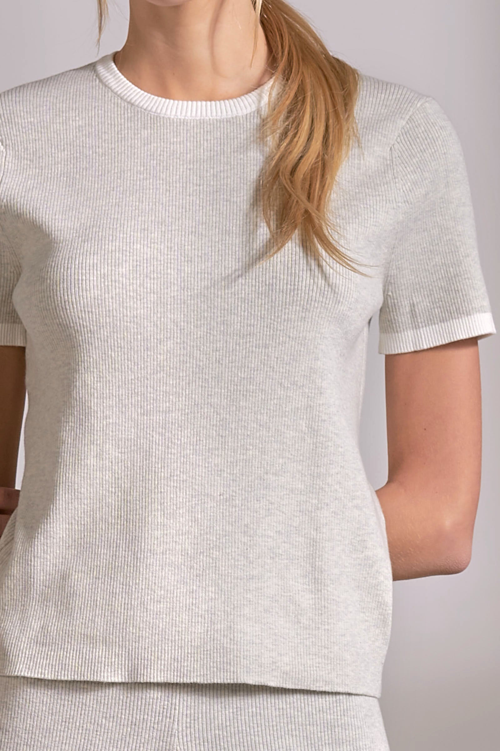 Elan Contrast Trim Short Sleeve Top in Grey White - Image 5