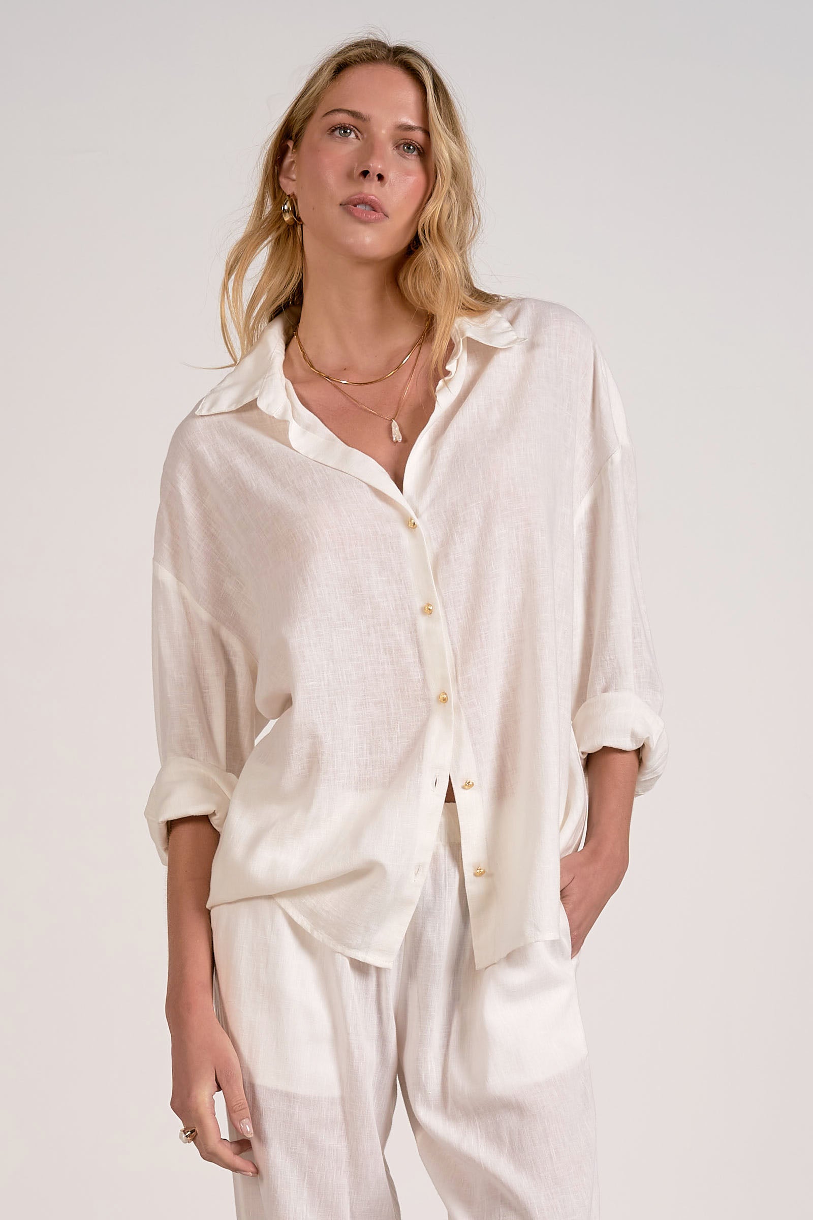 Elan Linen Long Sleeve Button-Up Top - Image 2